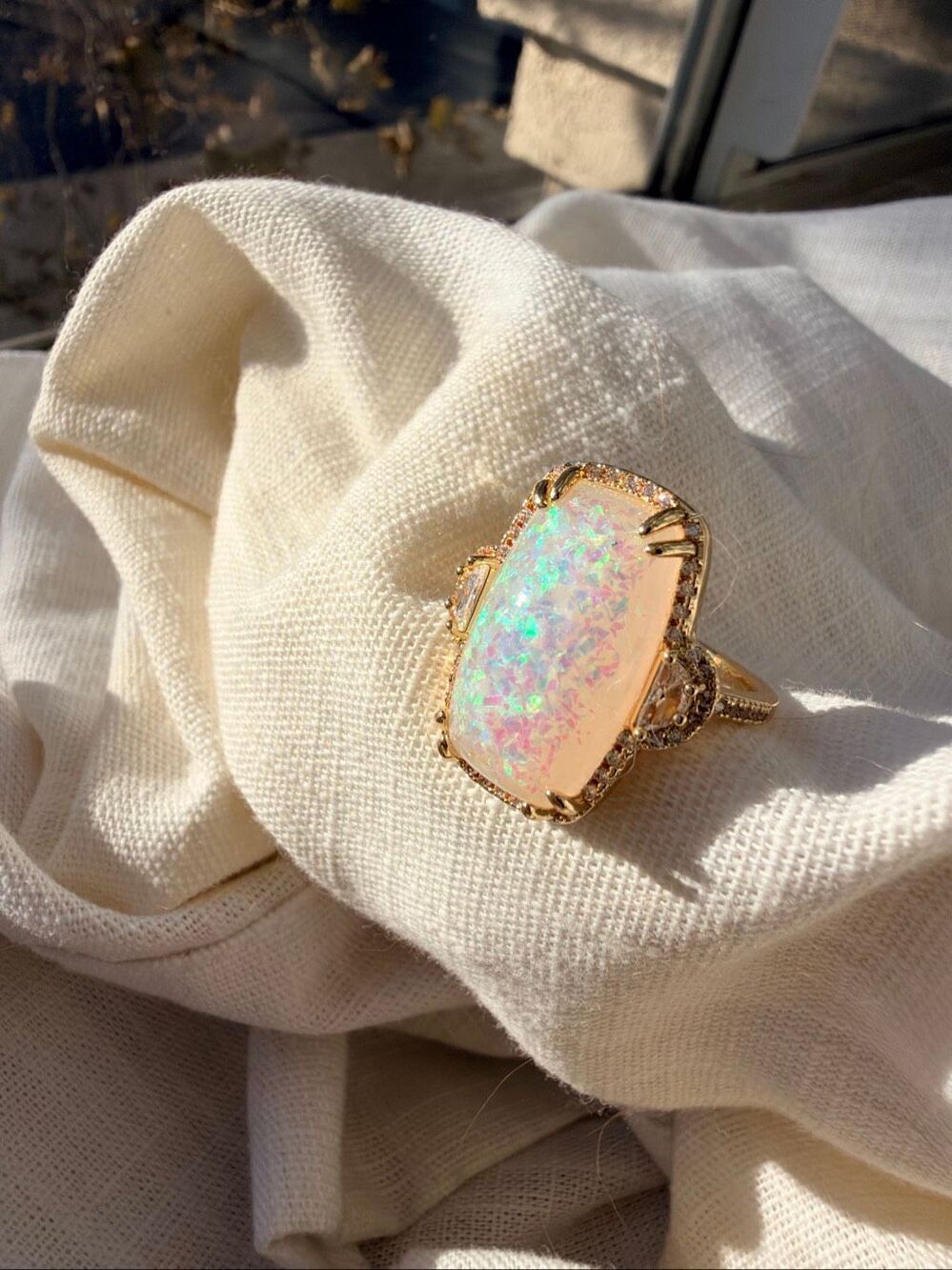 Faux Opal Iridescent Statement Ring Gold Tone Rhinestone Cocktail Ring